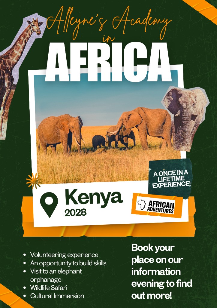 Poster for Alleyne’s Academy in Africa, Kenya 2028, with elephants on the savanna and a giraffe